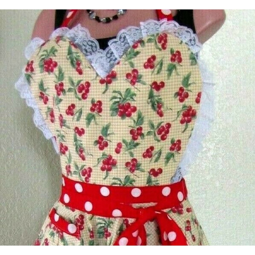Women's Vintage style BIB APRON Cherries /Polka dots Pattern 1 Pocket - Picture 2 of 5